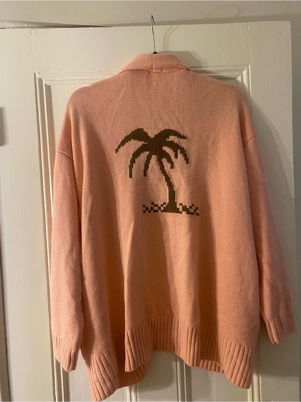 Candace Cameron Bure Peach Cardigan with Brown Palm Motif
